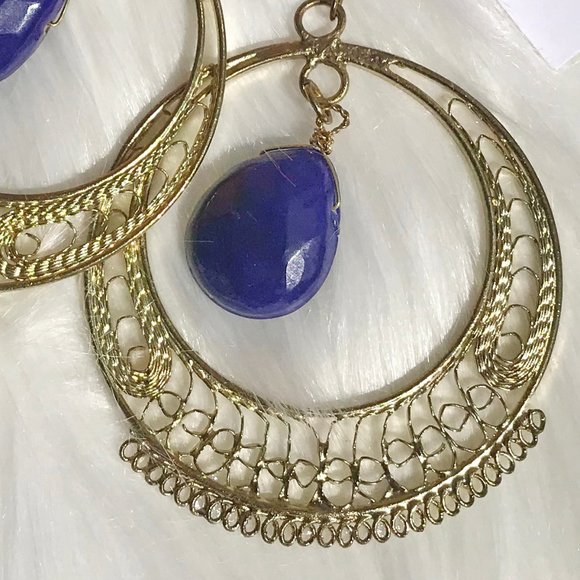 Boho Earrings Large Bead Goldtone Dangle Hoops NWT - Picture 2 of 3